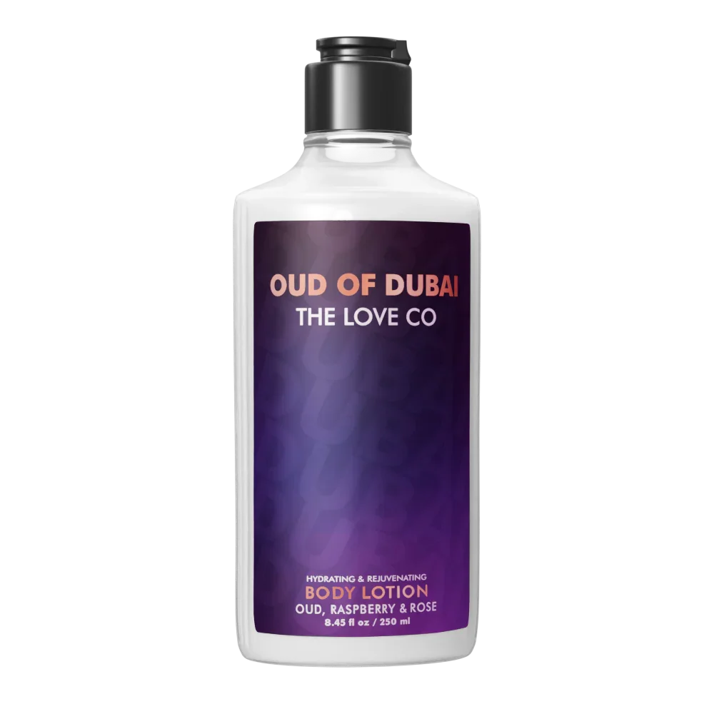 Body lotion bottle with purple label on a white background