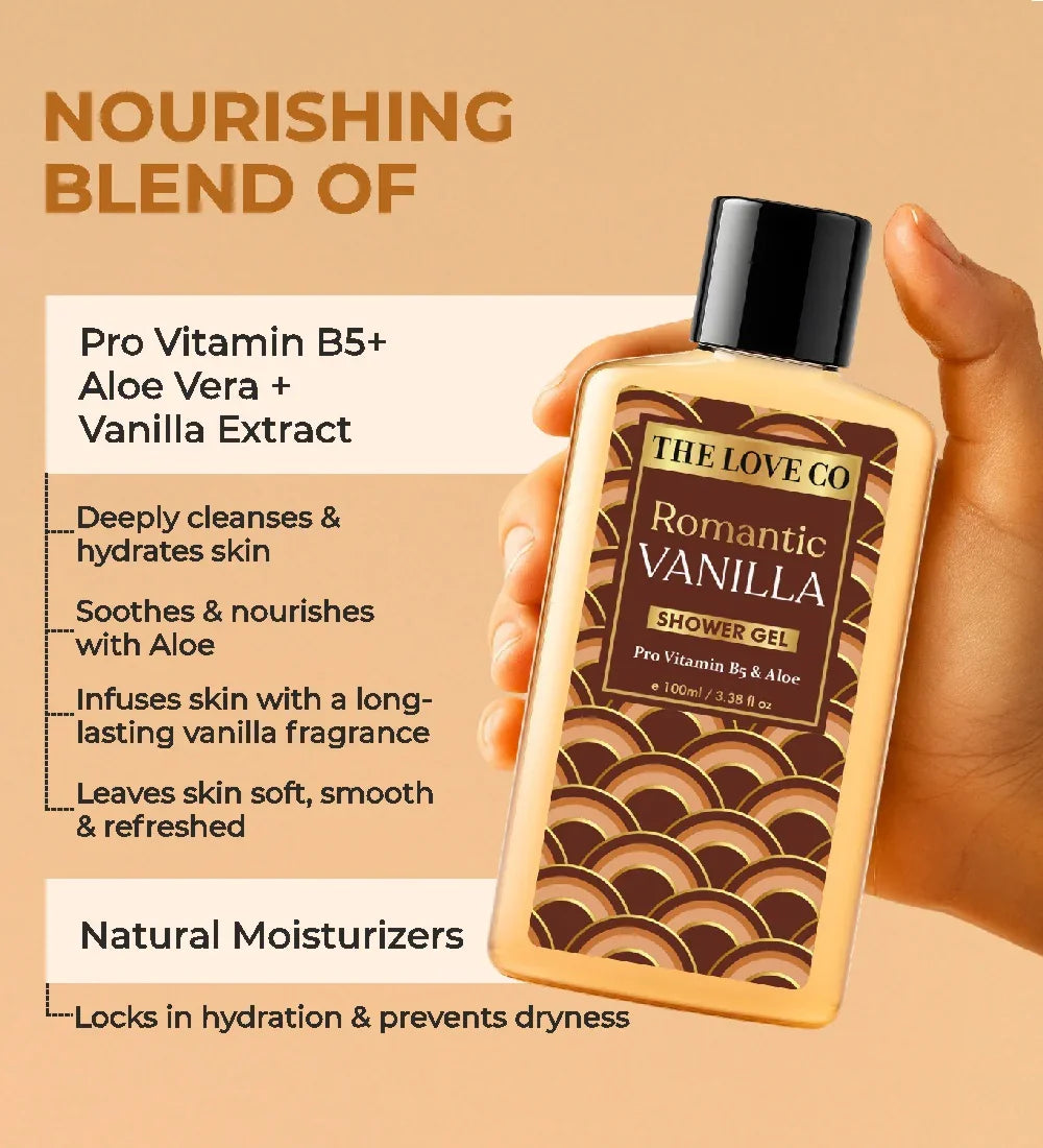 Hand holding The Love Co Romantic Vanilla shower gel with benefits and ingredients listed