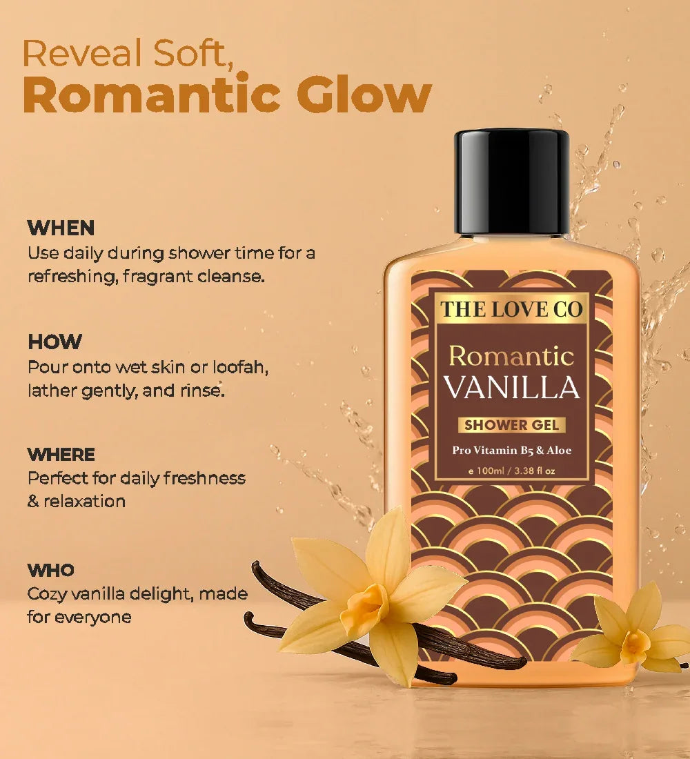 Romantic Vanilla shower gel bottle with vanilla flowers on beige background, product info text