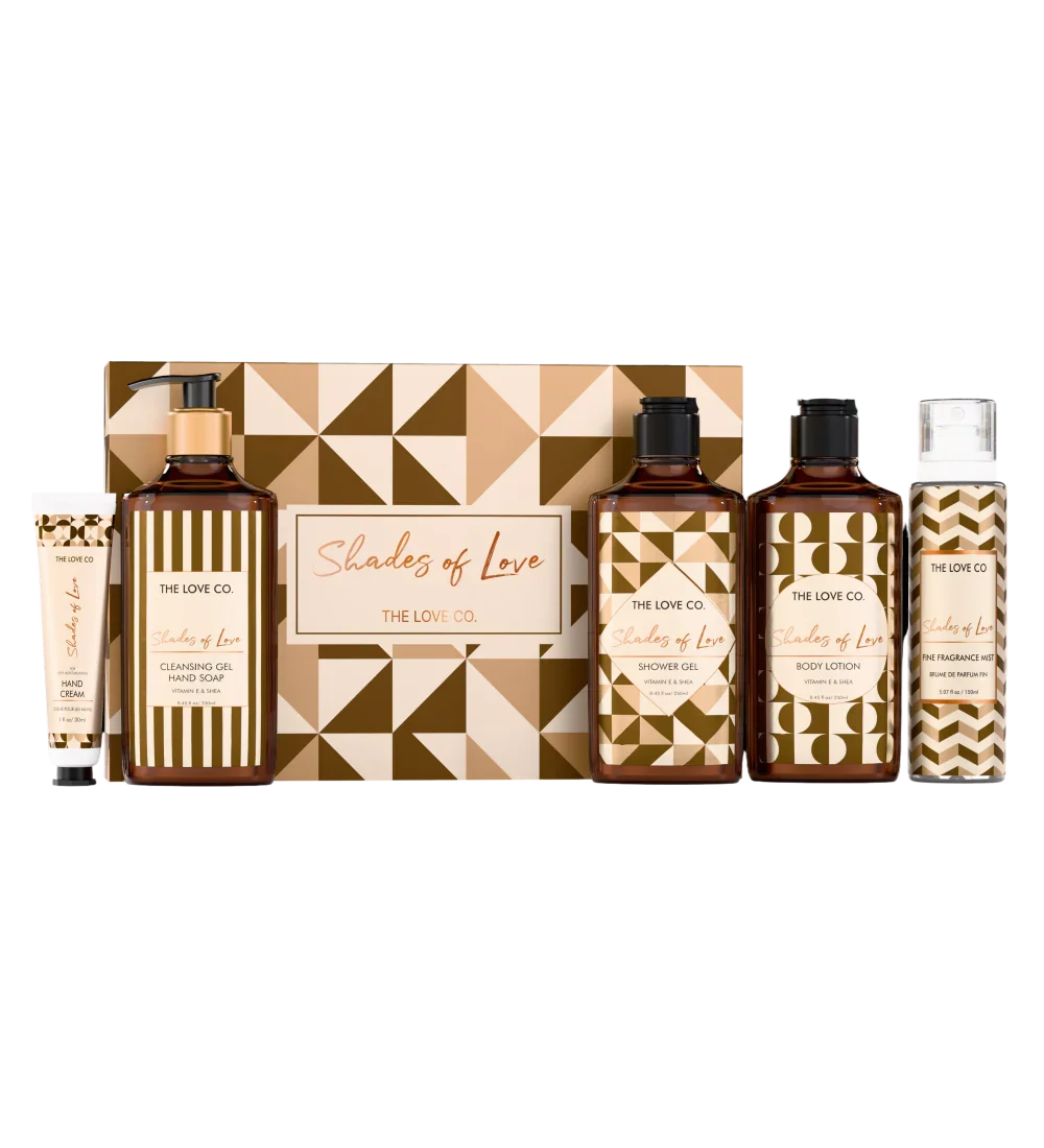 Set of skincare products with geometric patterned packaging on a white background