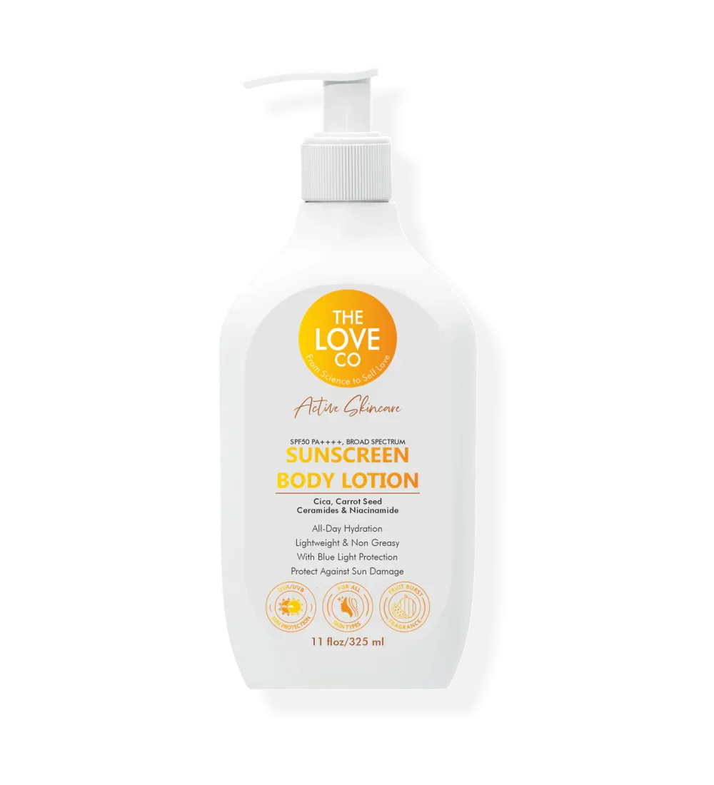 The Love Co sunscreen body lotion SPF50 PA+++ 325ml pump bottle, white with orange label.