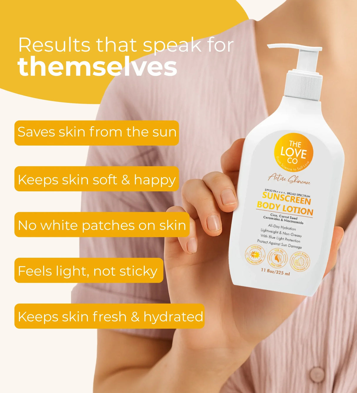 Woman holding The Love Co sunscreen body lotion bottle, benefits and SPF features highlighted