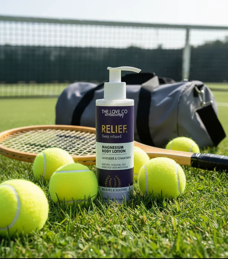 Magnesium body lotion bottle with tennis balls and racket on outdoor tennis court