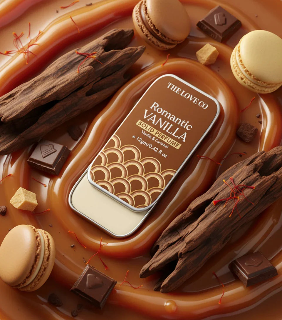 Romantic Vanilla solid perfume tin with caramel, chocolate, macarons, and wood accents