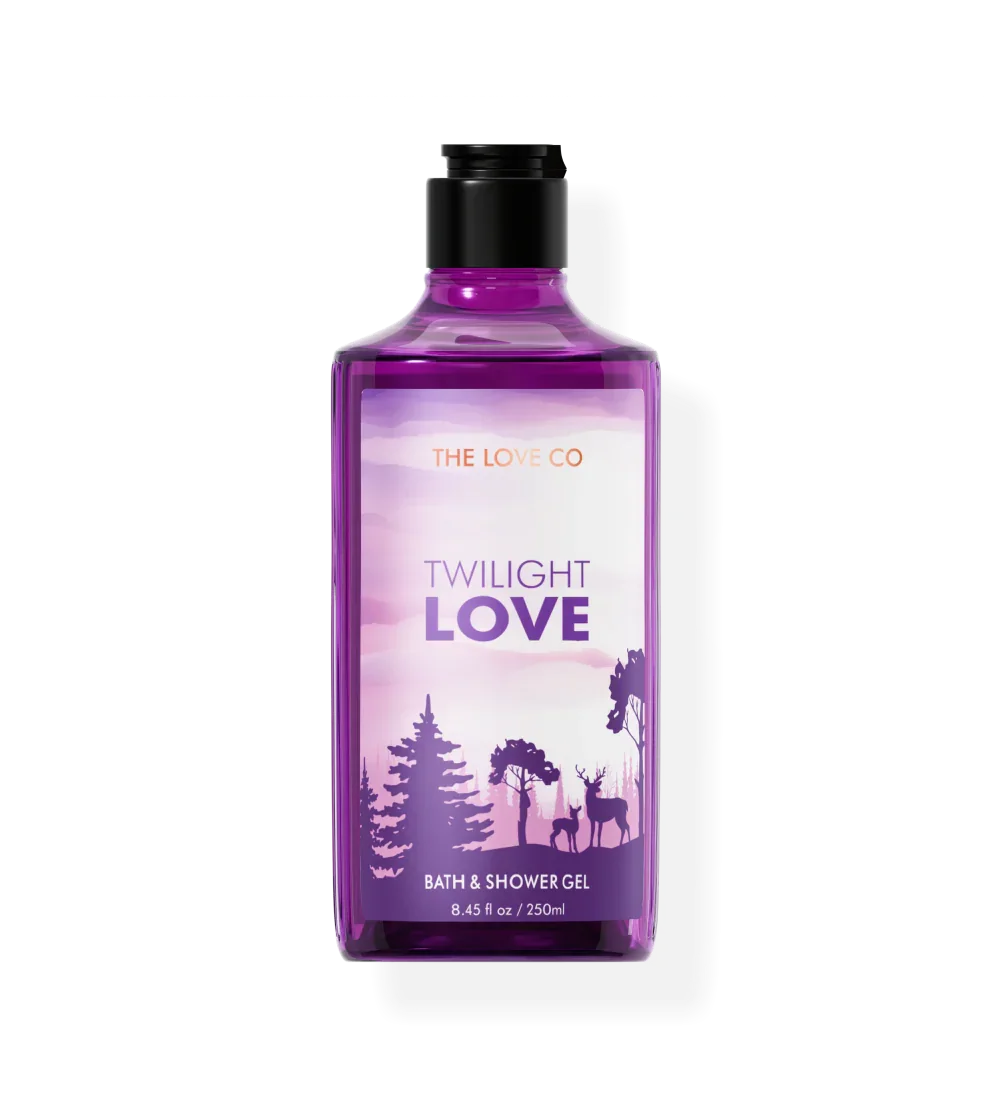 The Love Co Twilight Love bath and shower gel 250ml purple bottle with forest design