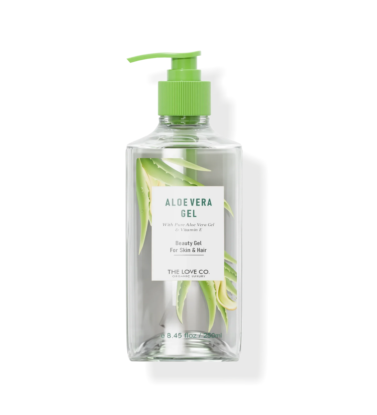 The Love Co Aloe Vera Gel bottle with green pump, featuring aloe leaf design and product label