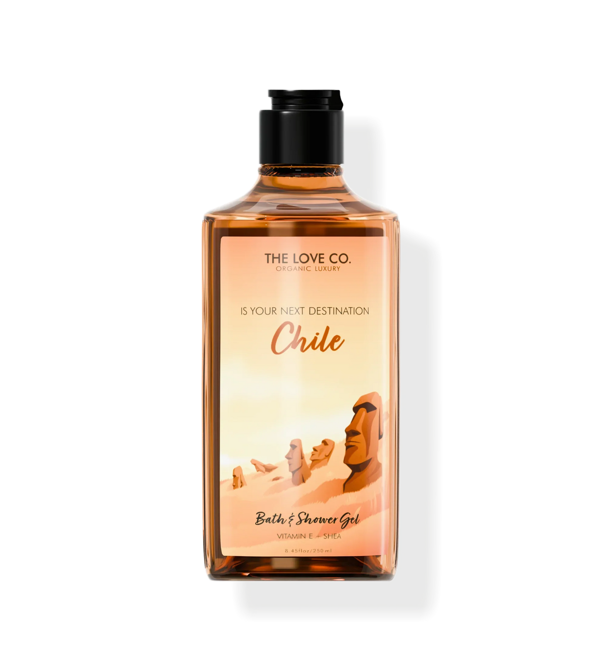 The Love Co Chile body wash 250ml bottle with Moai statue illustration and vitamin E shea label