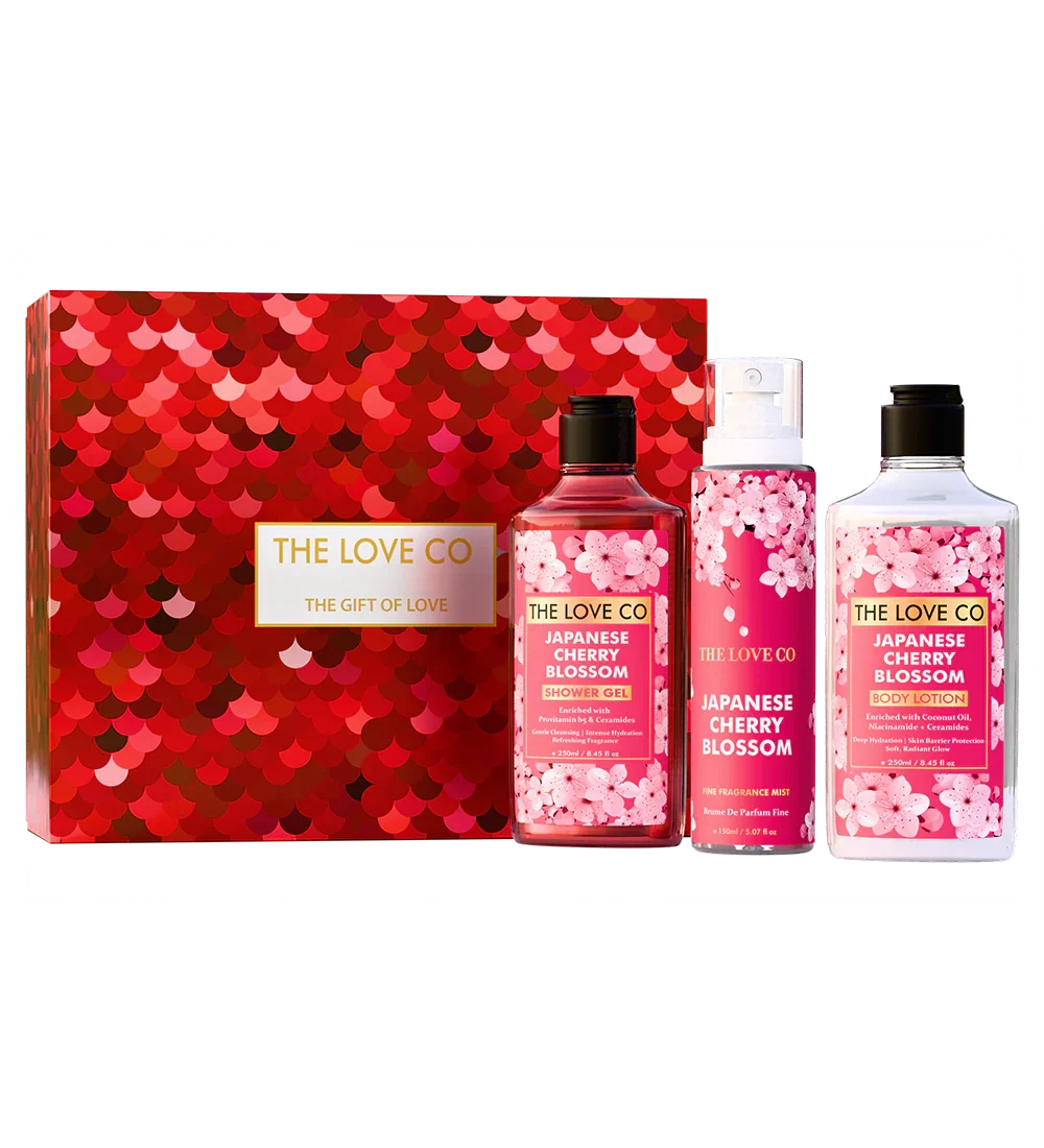 The Love Co Japanese Cherry Blossom gift box with shower gel, body mist, and body lotion
