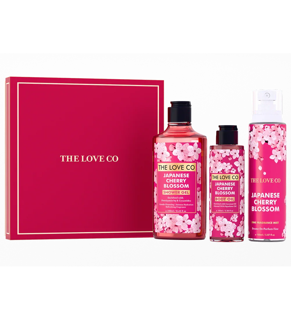 The Love Co Japanese cherry blossom gift box with shower gel, body oil, and body mist set