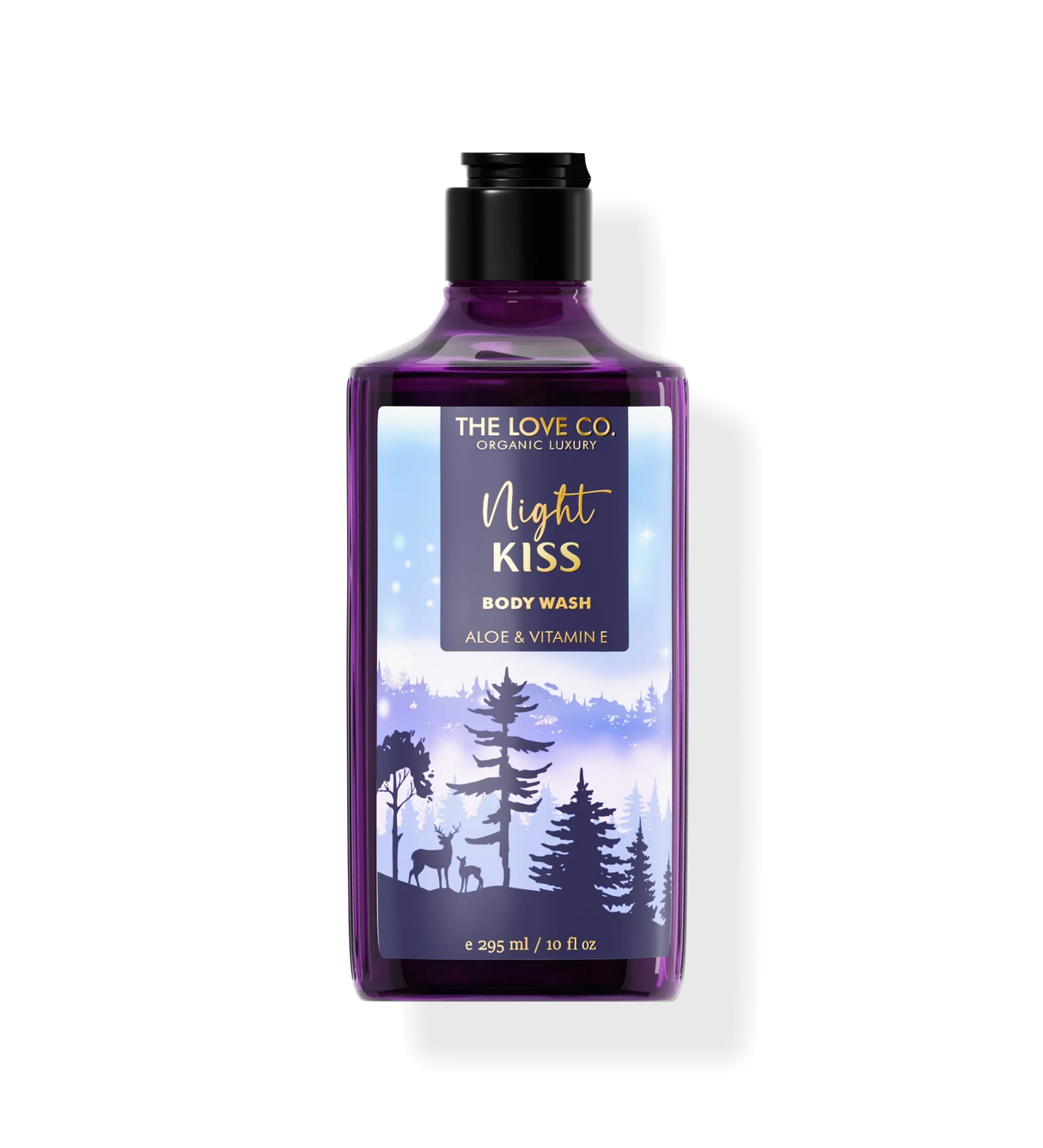 The Love Co. Night Kiss body wash bottle with aloe and vitamin E, purple woodland label