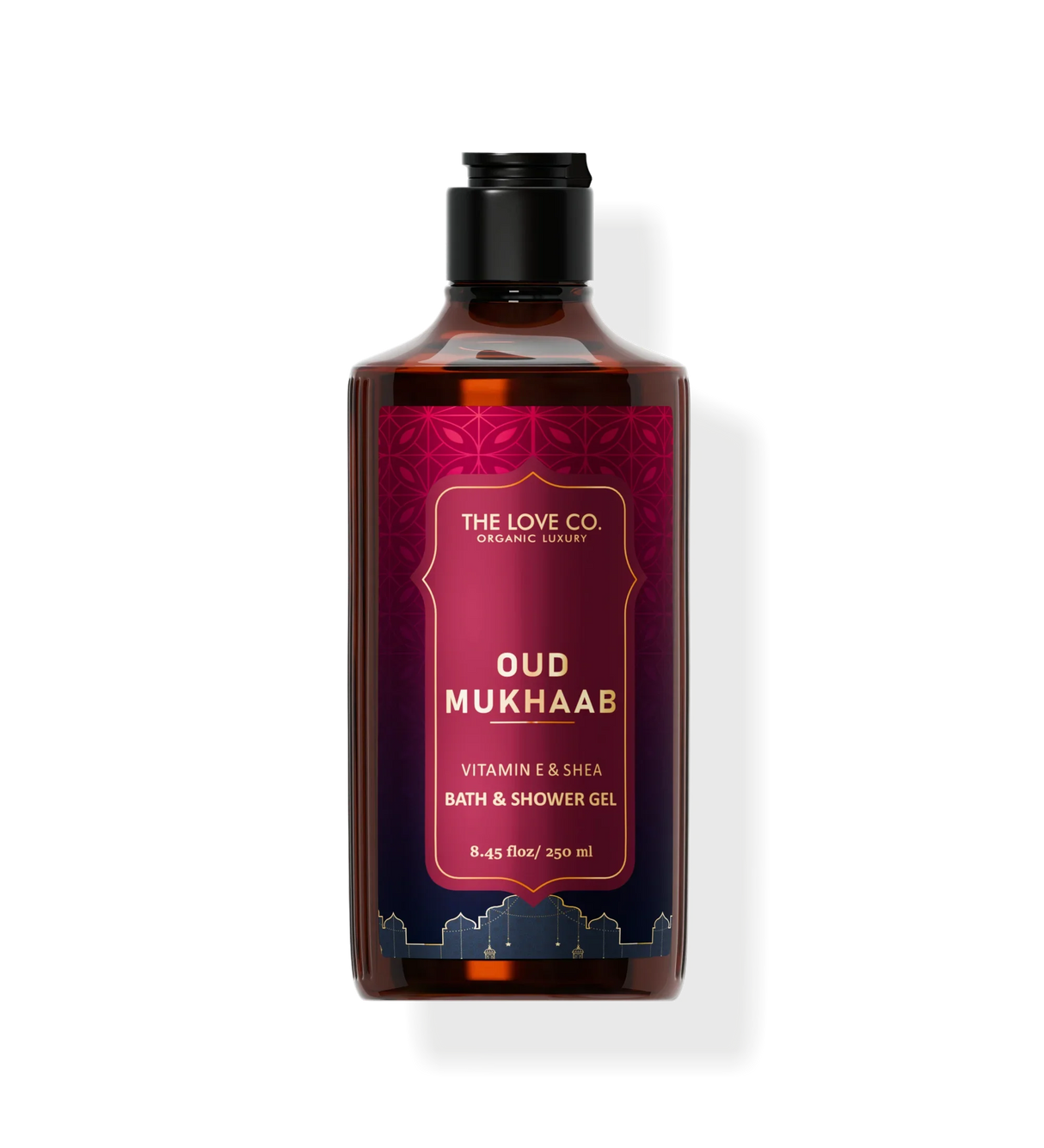 The Love Co. Oud Mukhaab body wash 250ml, vitamin E and shea bath and shower gel bottle