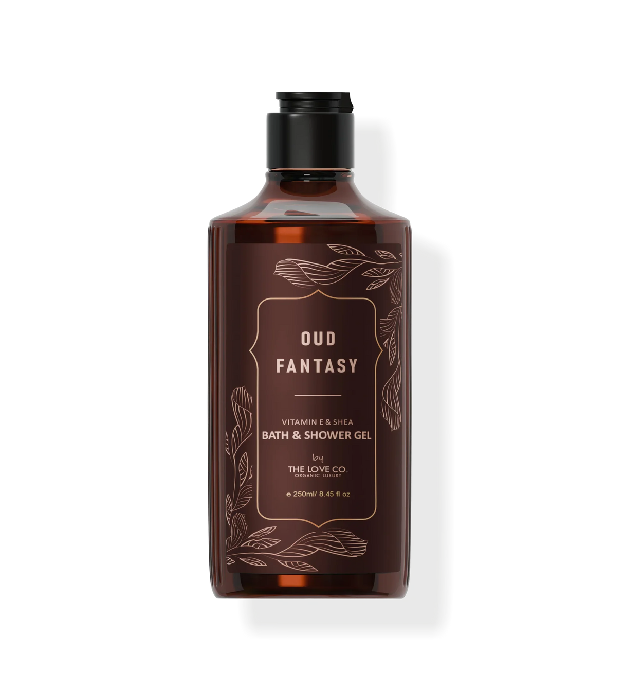 The Love Co Oud Fantasy shower gel 250ml brown bottle with gold floral design