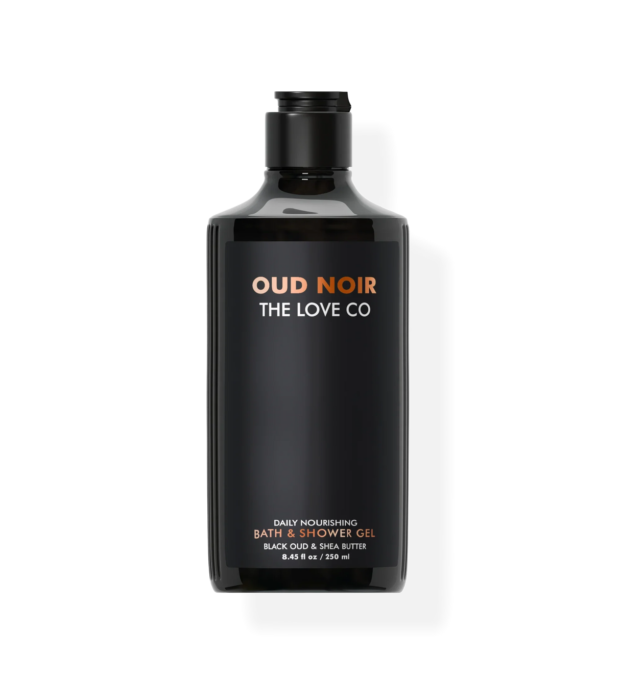 A black bottle with orange details labeled 'OUD NOIRE THE LOVE CO' for body wash.