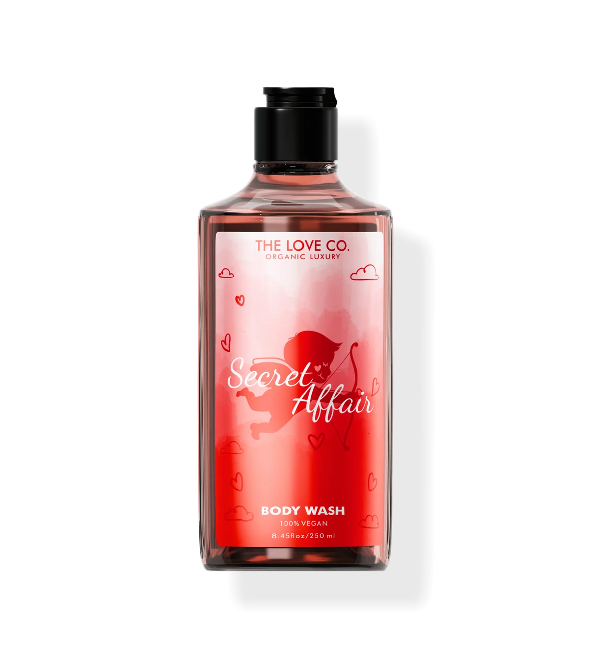 The Love Co Secret Affair Shower Gel 250ml, red bottle with cupid and heart illustrations