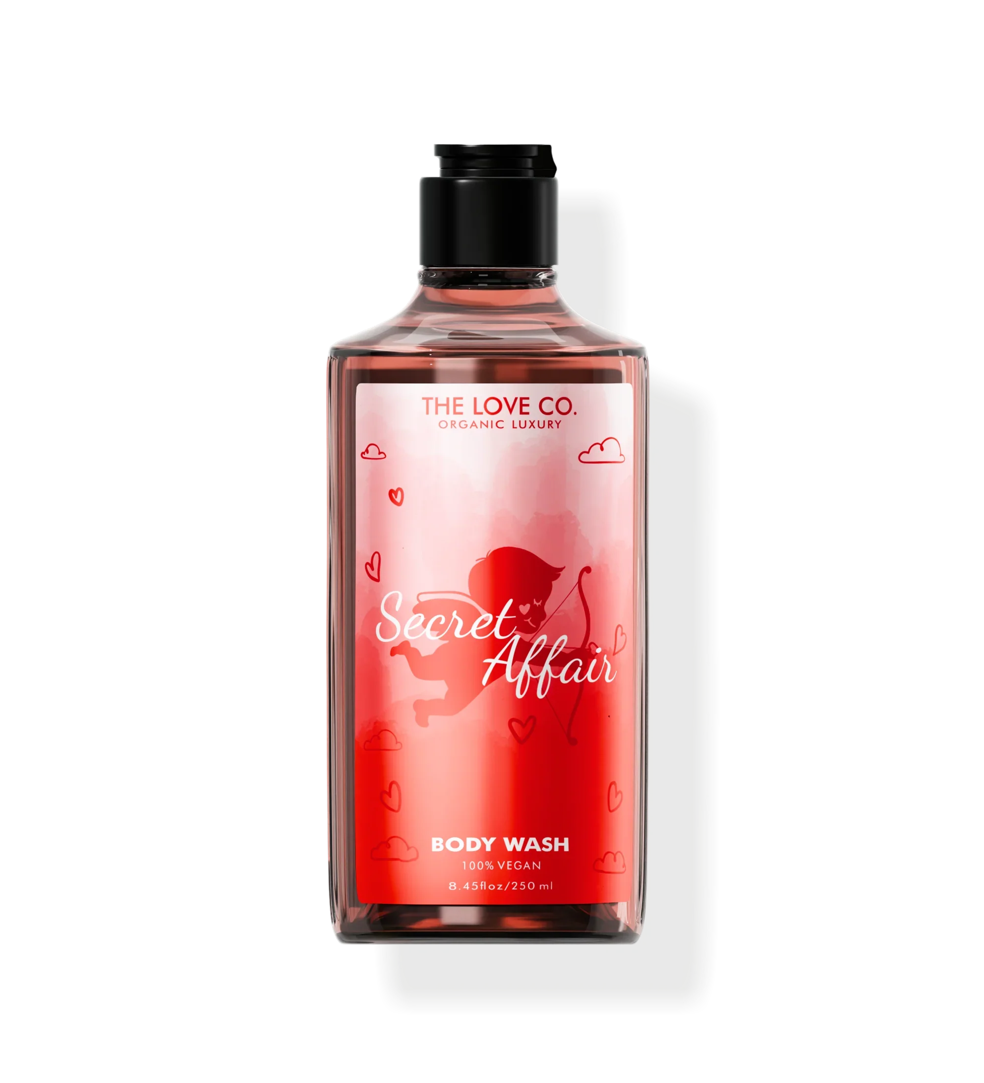 The Love Co Secret Affair Shower Gel 250ml, red bottle with cupid and heart illustrations