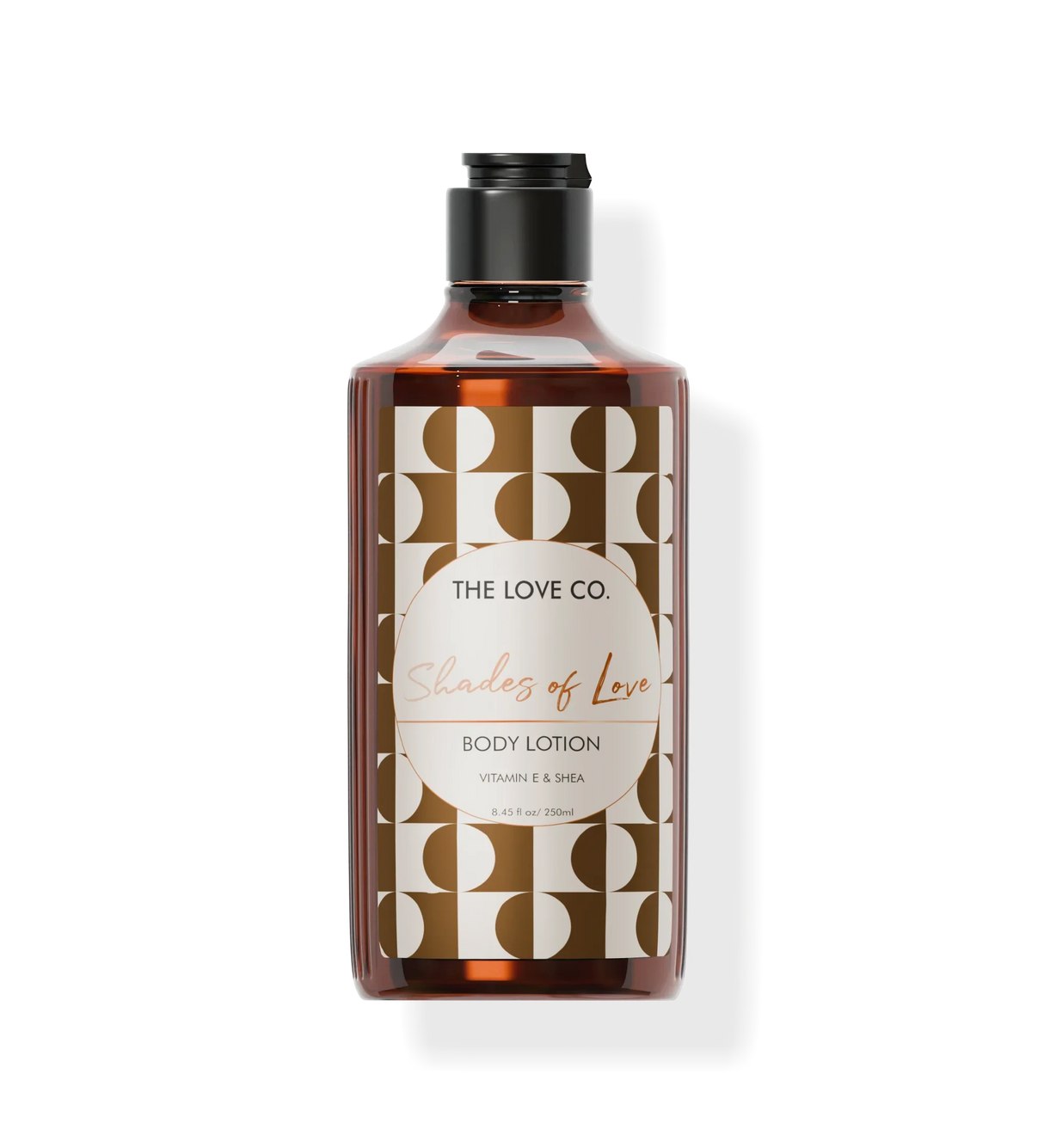 The Love Co Shades of Love body lotion 250ml bottle with geometric label