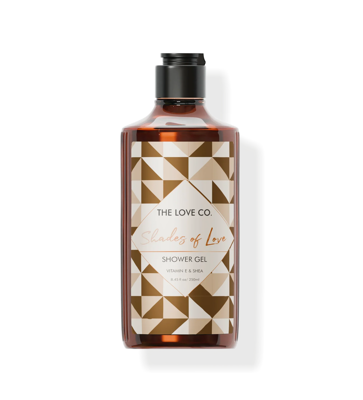 A clear bottle of body wash with a geometric pattern design, labeled 'Shower Gel' from The Love Co.