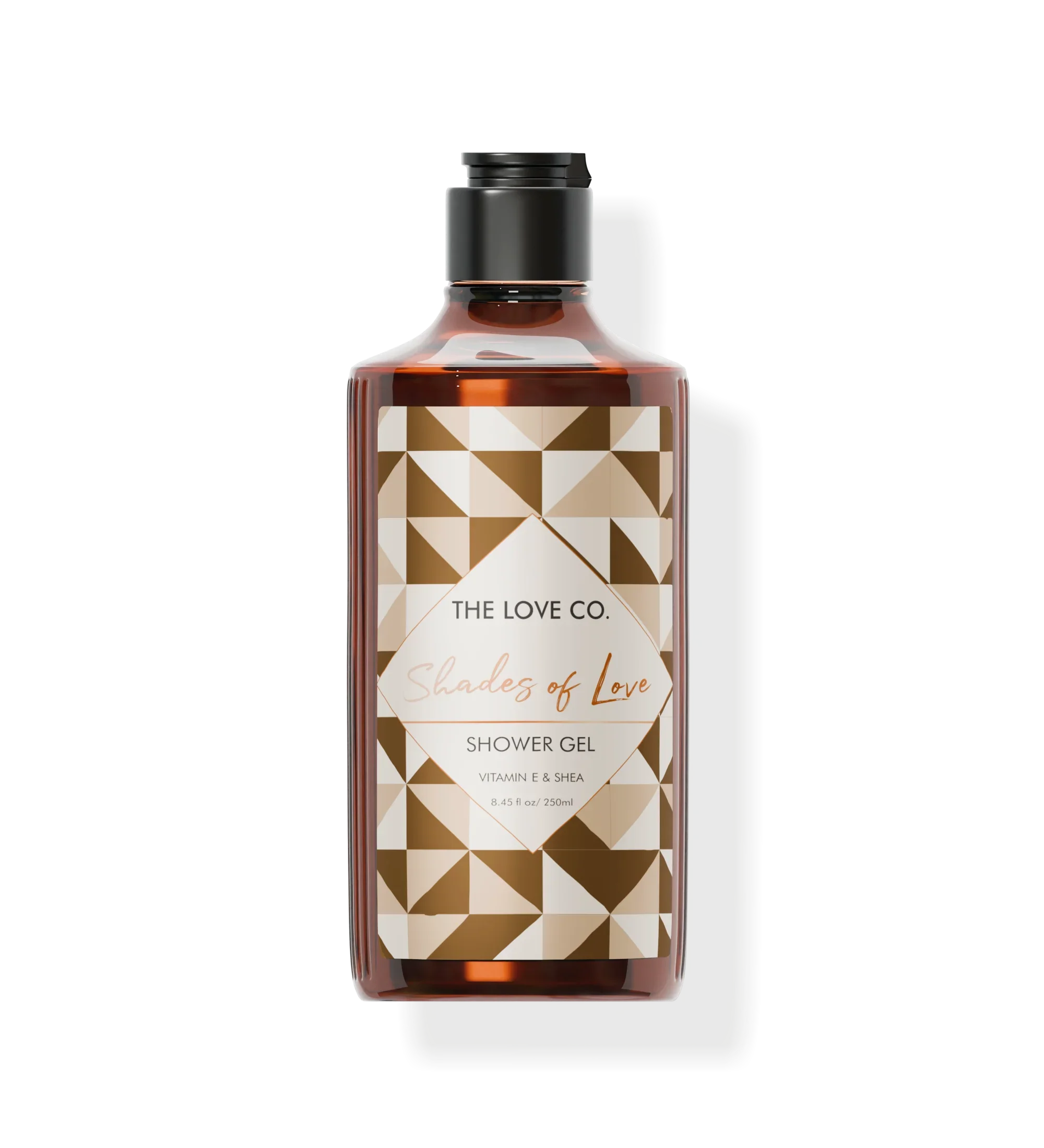 A clear bottle of body wash with a geometric pattern design, labeled 'Shower Gel' from The Love Co.