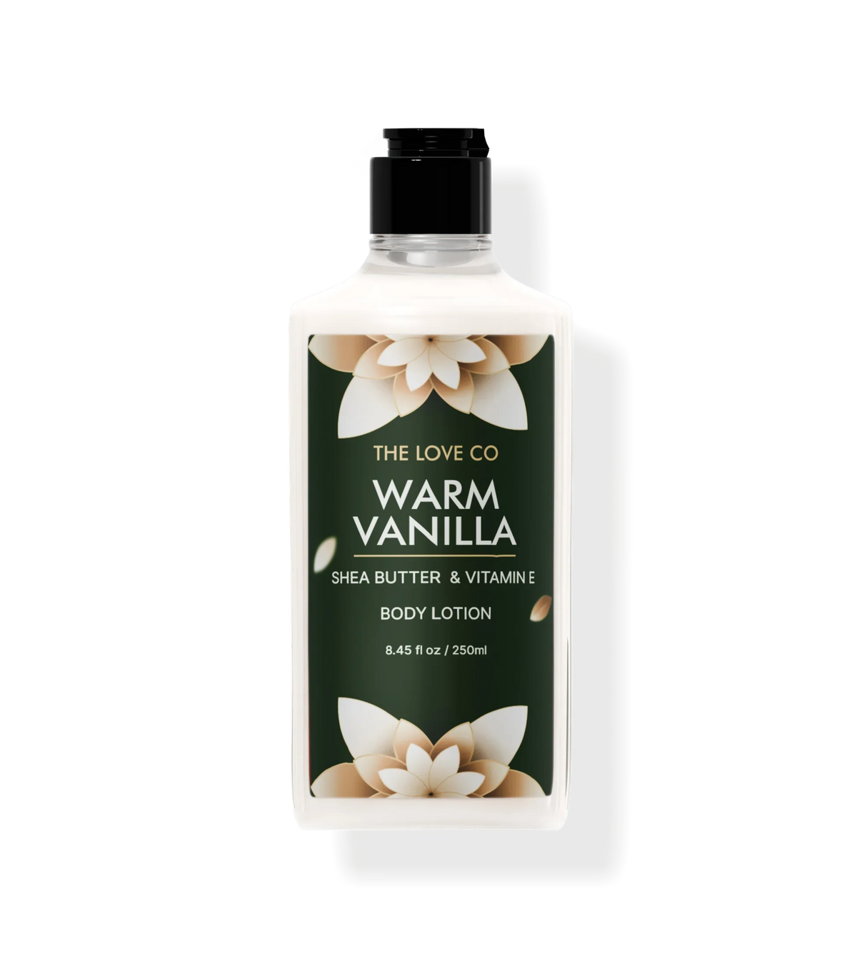 A bottle of Warm Vanilla body lotion by The Love Co. with floral design elements on the label.