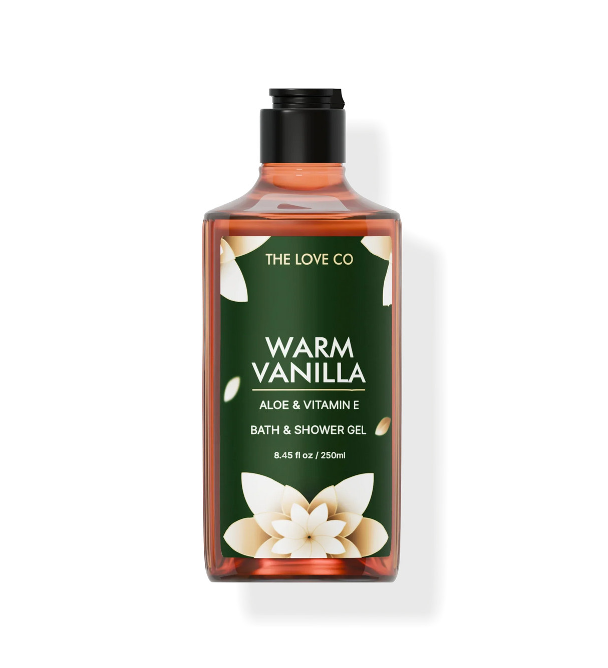 The Love Co Warm Vanilla aloe and vitamin E bath and shower gel 250ml bottle