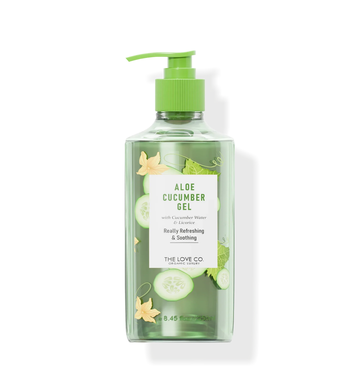 The Love Co Aloe Cucumber Gel bottle with pump, green gel, cucumber and aloe illustrations