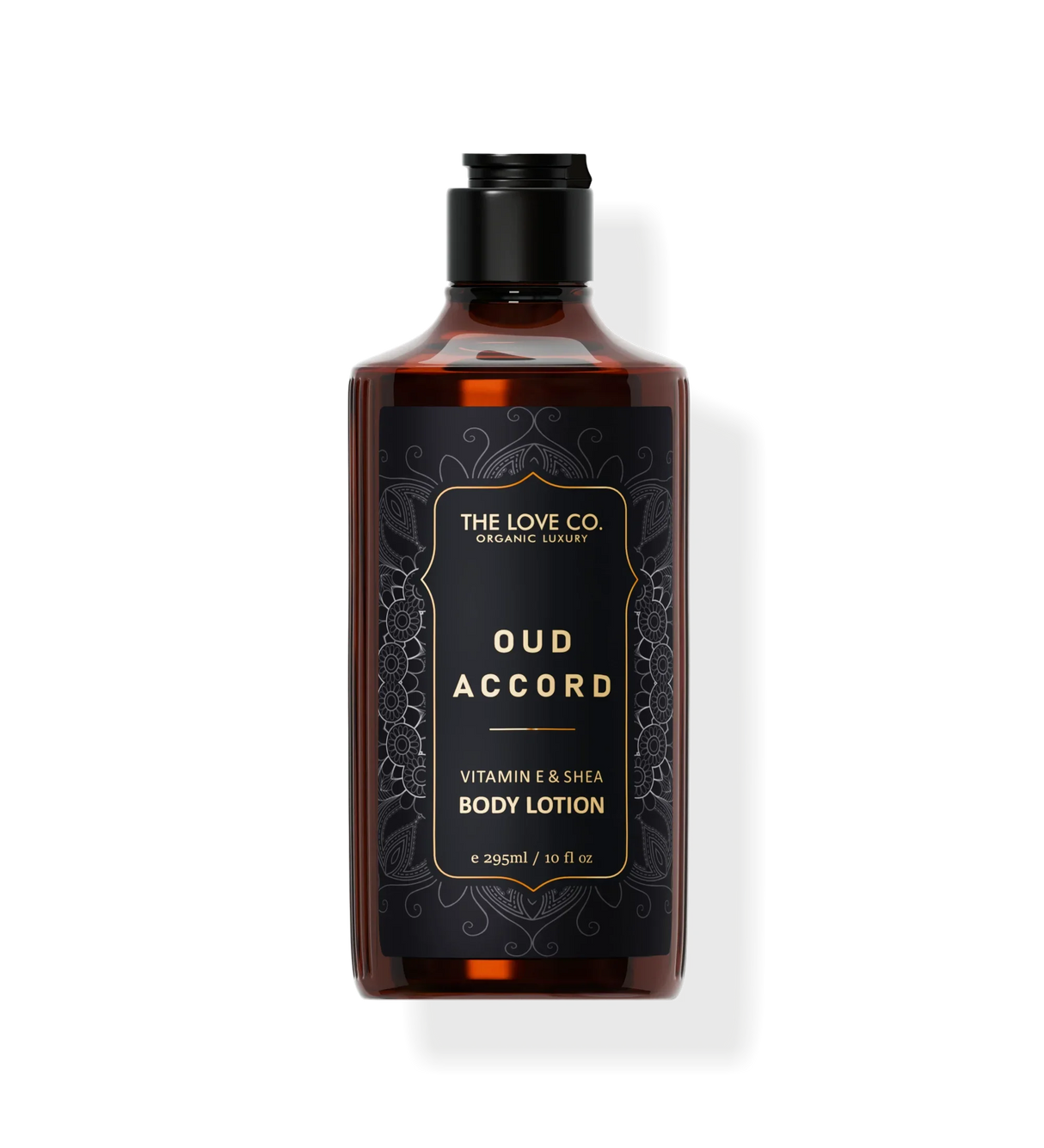 A bottle of Oud Accord Body Lotion by The Love Co. with a dark tinted liquid visible through the transparent glass and a label with black text.
