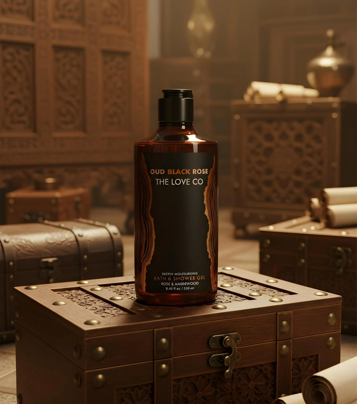 The Love Co Oud Black Rose shower gel bottle on ornate wooden chest, luxurious decor