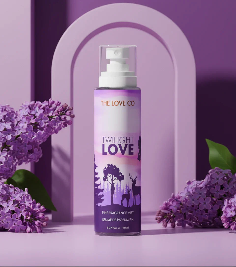 The Love Co Twilight Love body mist bottle with purple floral background and lilacs