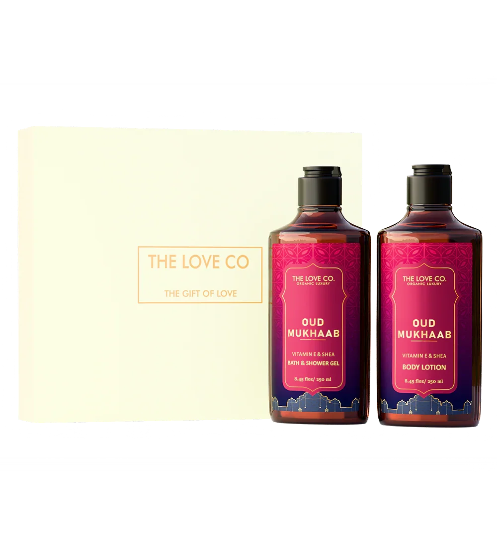 The Love Co Oud Mukhaab bath and shower gel and body lotion gift box set