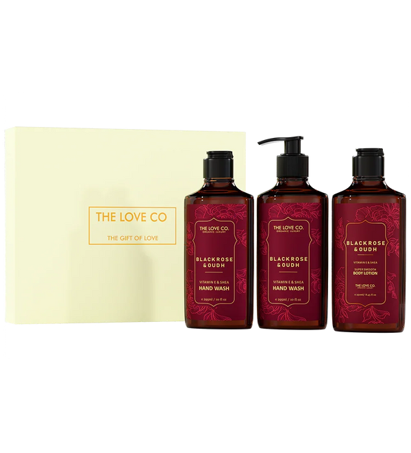 Black Rose Oudh Trio Gift Set — front of bottle, fragrance-led body care