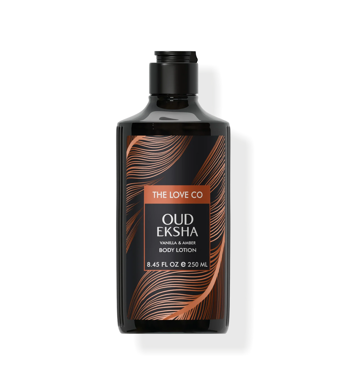 The Love Co Oud Eksha vanilla amber body lotion 250ml black bottle with gold design