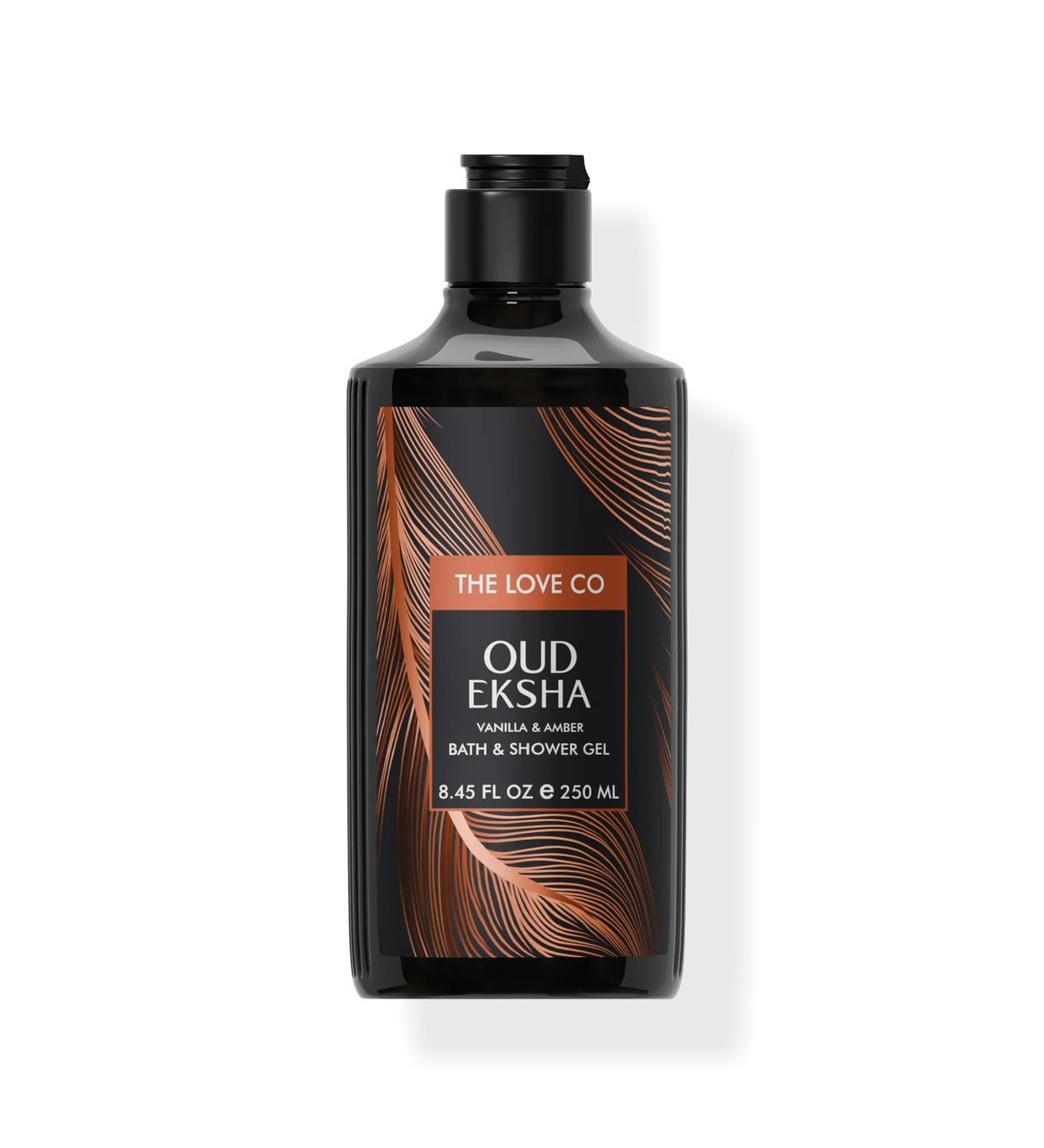 The Love Co Oud Eksha vanilla amber bath and shower gel 250ml bottle with black and gold label