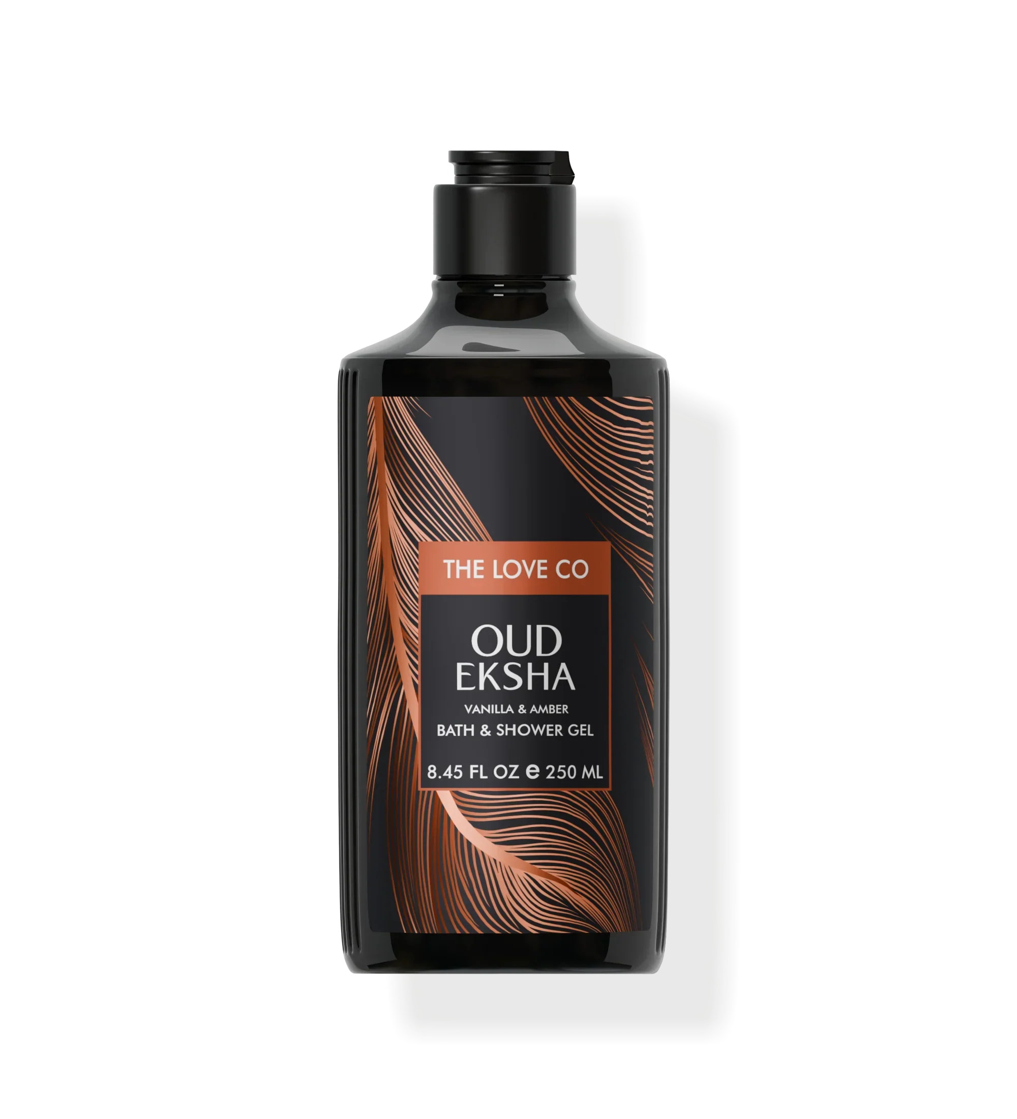 The Love Co Oud Eksha vanilla amber bath and shower gel 250ml bottle with black and gold label