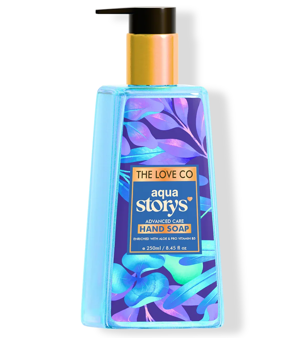 The Love Co Aqua Storys hand soap bottle with blue floral design and gold pump