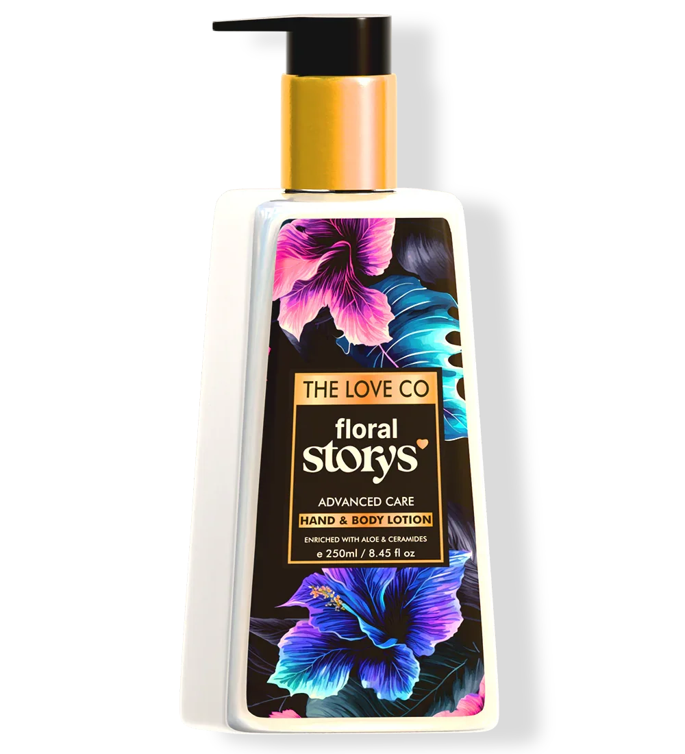 The Love Co Floral Story hand and body lotion bottle with vibrant floral design