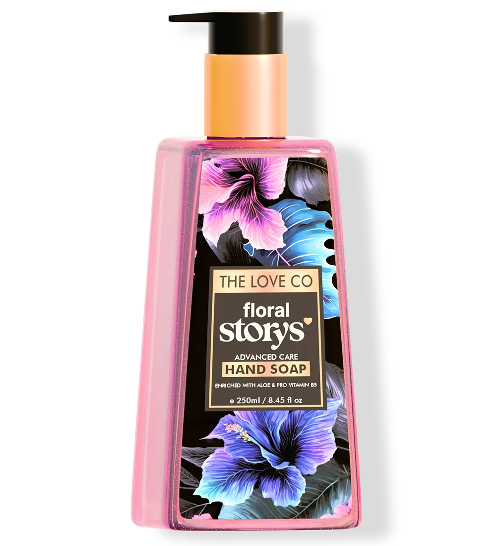 The Love Co Floral Storys hand soap bottle with pink and floral design, 250ml