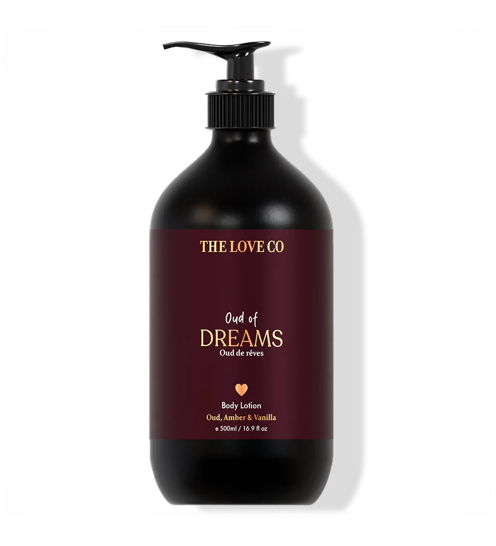 The Love Co Oud of Dreams body lotion 500ml bottle with maroon label