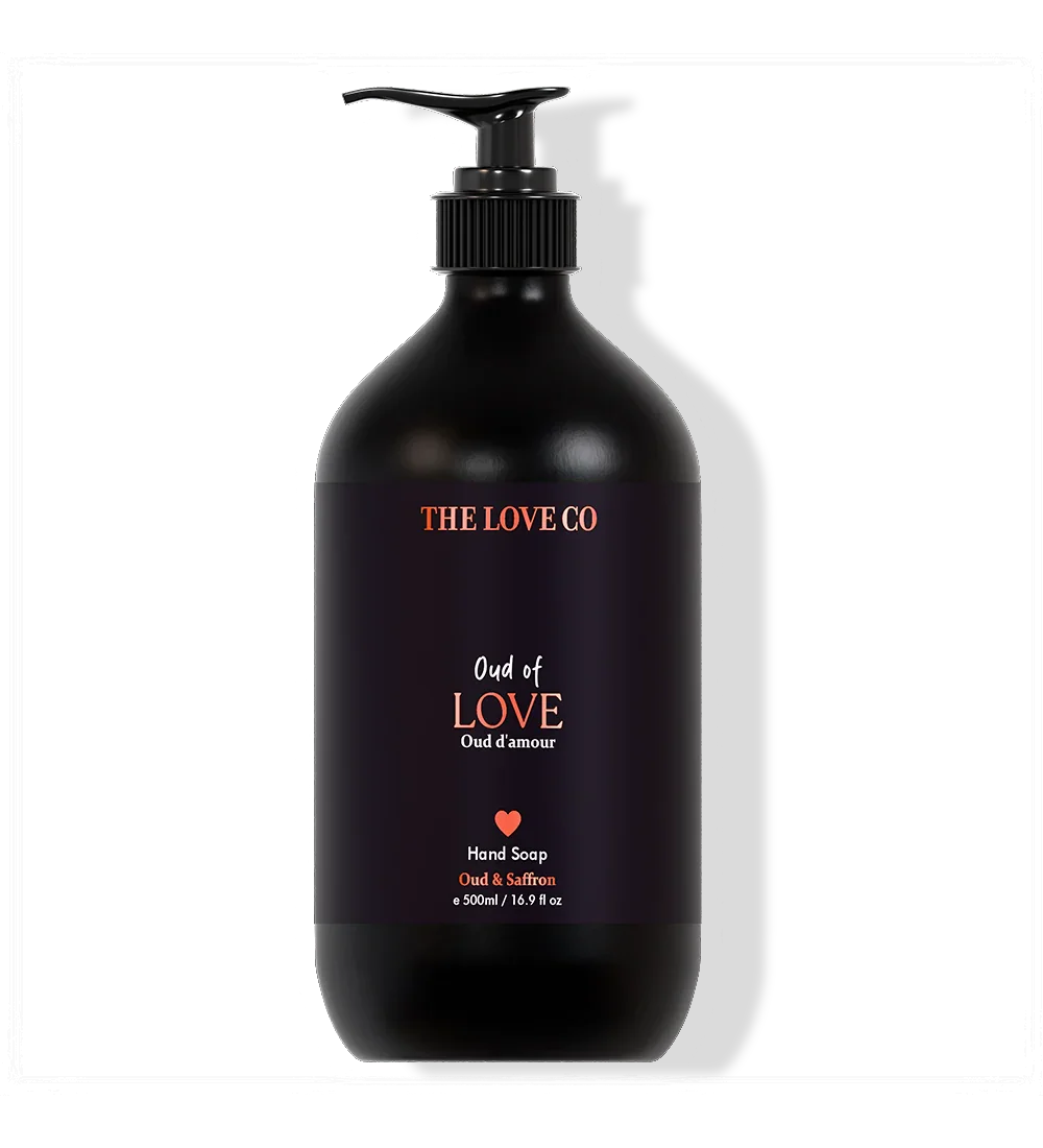 The Love Co Oud of Love 500ml hand soap bottle with pump, black label, oud and saffron scent.