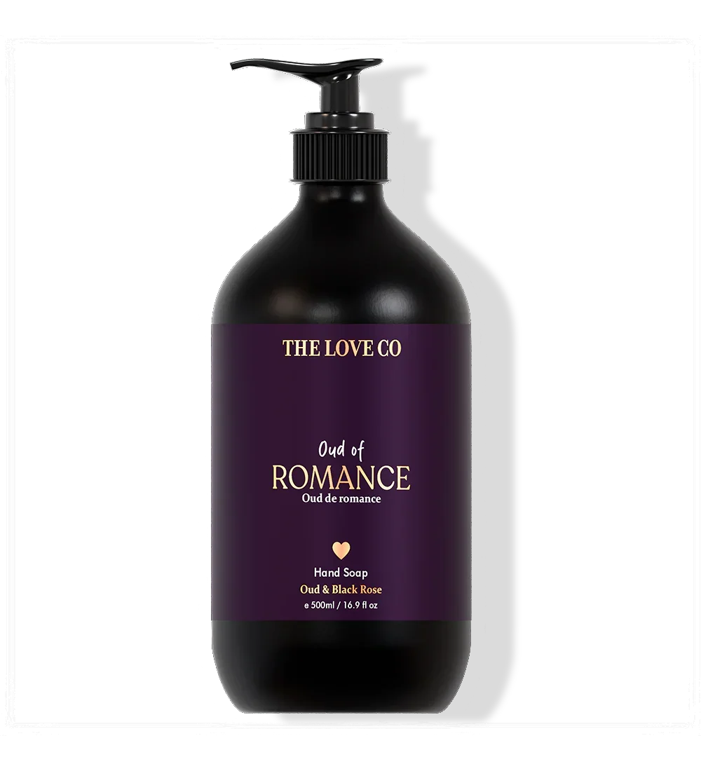 The Love Co Oud of Romance hand soap 500ml bottle with pump, purple label, Oud & Black Rose scent