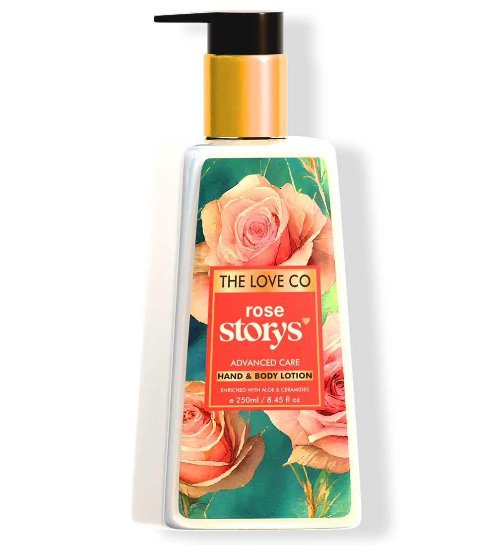 The Love Co Rose Storys Hand & Body Lotion bottle with rose floral design, 250ml