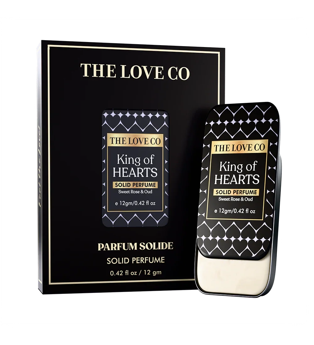 King Of Hearts - Solid perfume packaging by The Love Co with black and gold design.