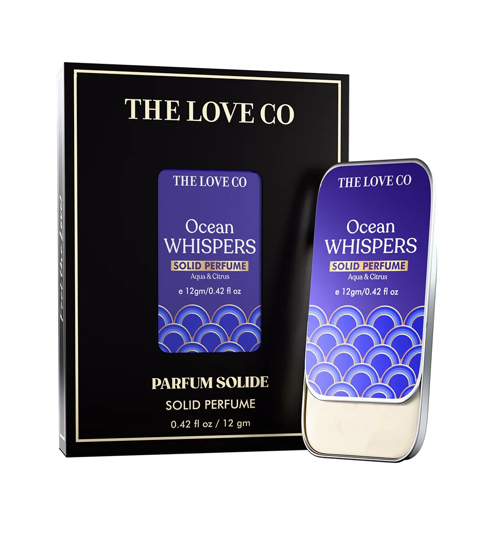 Ocean Whispers - Solid perfume packaging with 'The Love Co' branding on a white background