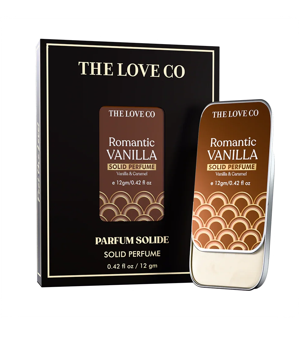 The Love Co Romantic Vanilla solid perfume with packaging on a white background