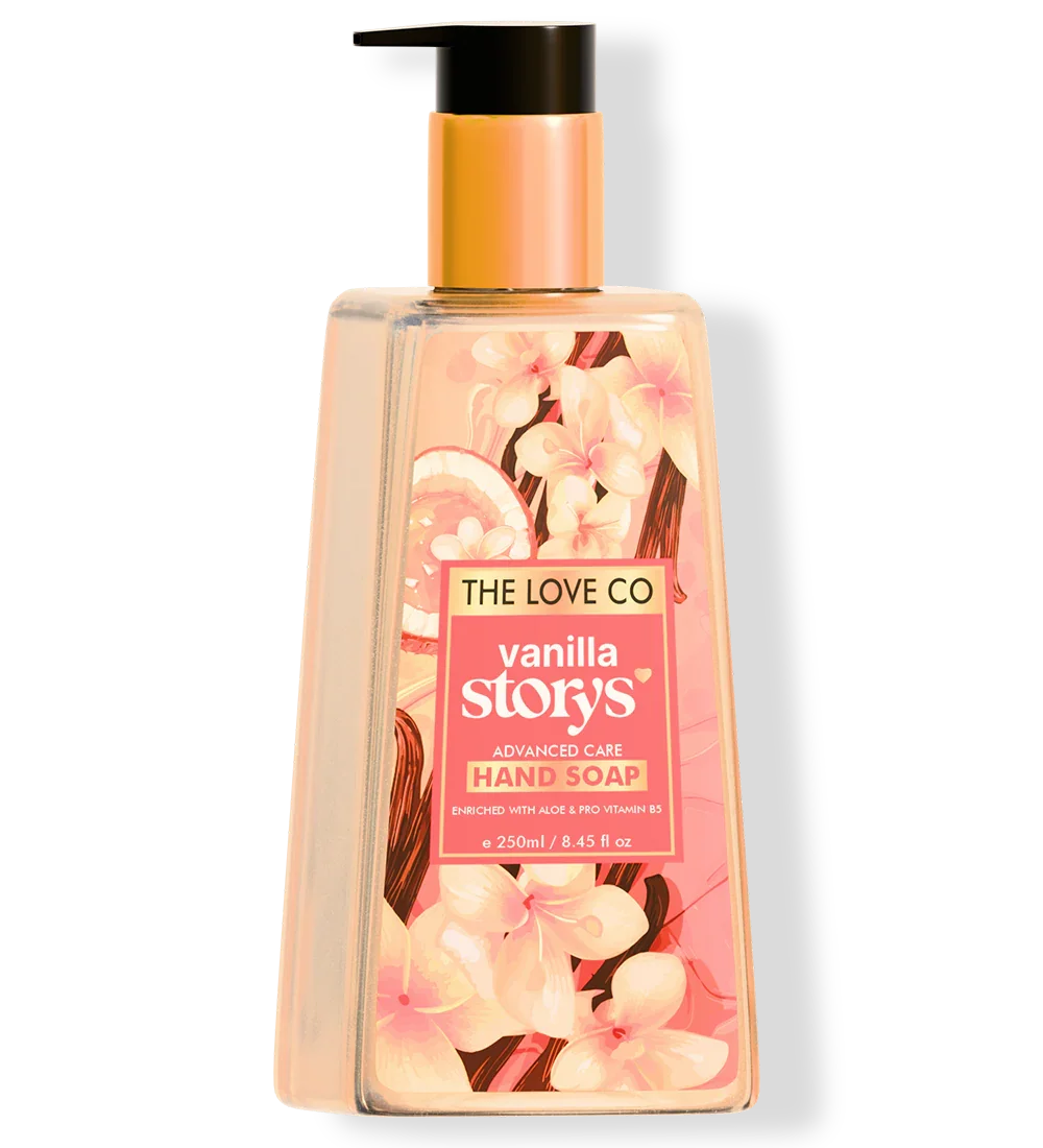 The Love Co Vanilla Storys hand soap bottle with floral vanilla design, 250ml size