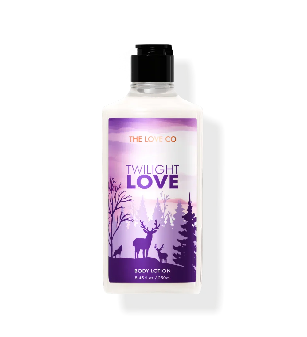 A bottle of 'Twilight Love' body lotion by The Love Co., with a purple label featuring a silhouette of a deer and trees.