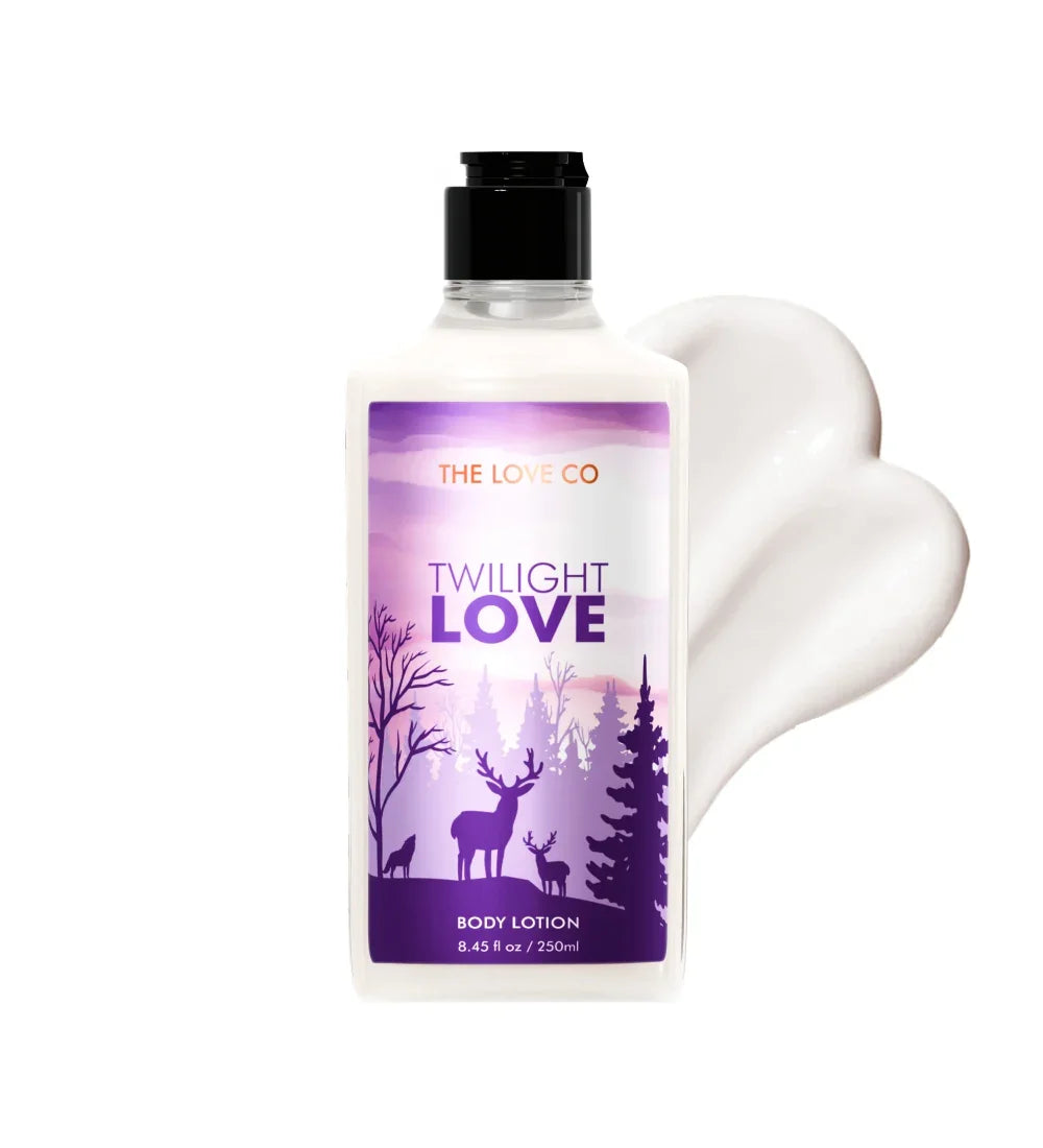 Twilight Love body lotion bottle with purple forest design and creamy lotion swatch