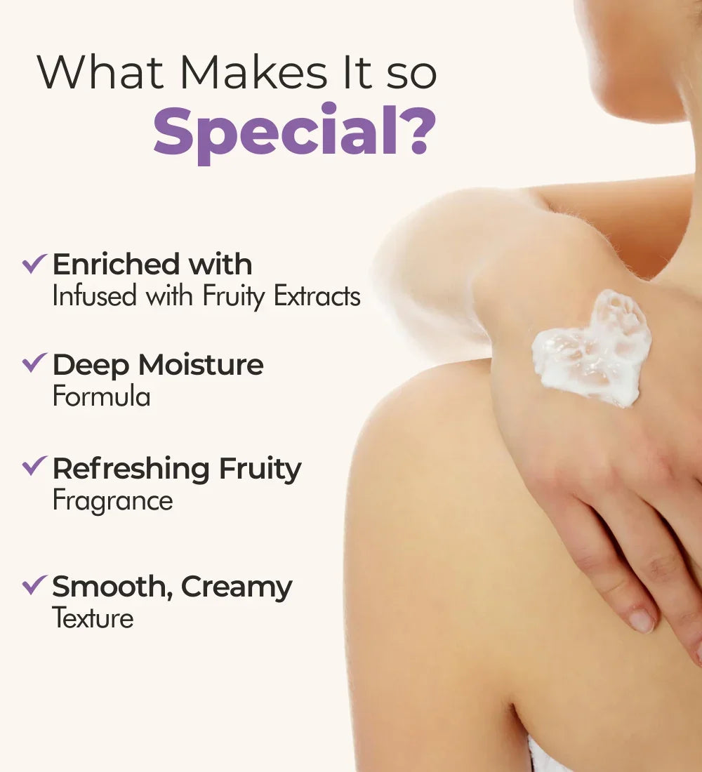 Twilight Love body lotion on skin, creamy texture, fruity extract, deep moisture highlights