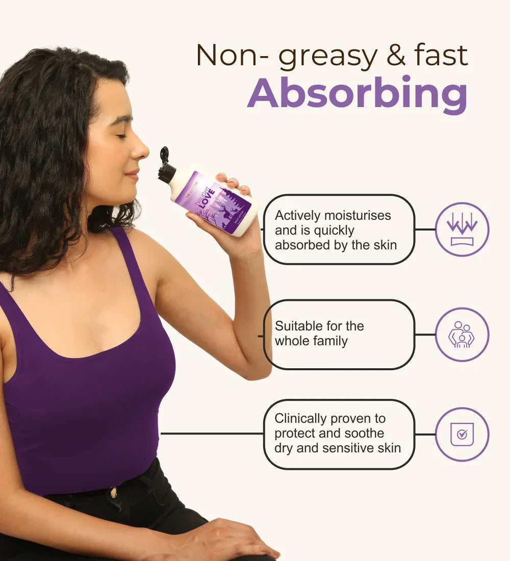 Woman in purple tank top holding Twilight Love Body Lotion with non-greasy, fast absorbing text