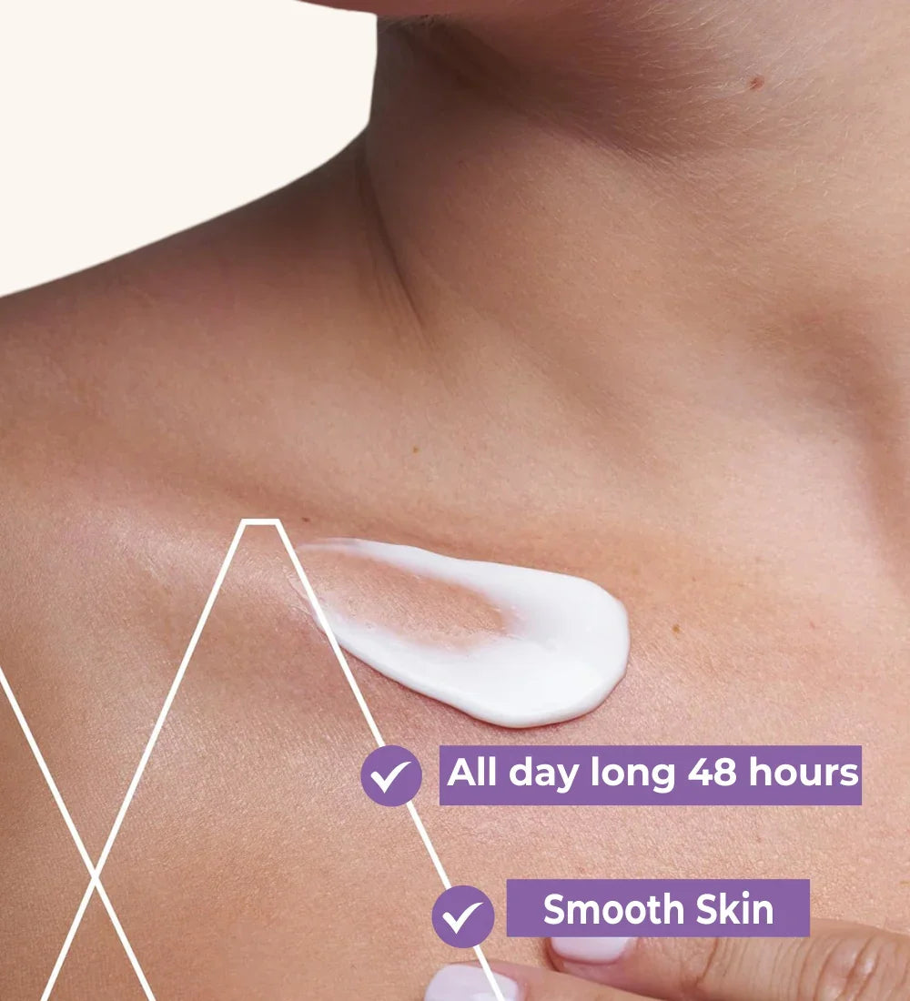 Body lotion applied on woman's collarbone, text highlights 48-hour moisture and smooth skin benefits.