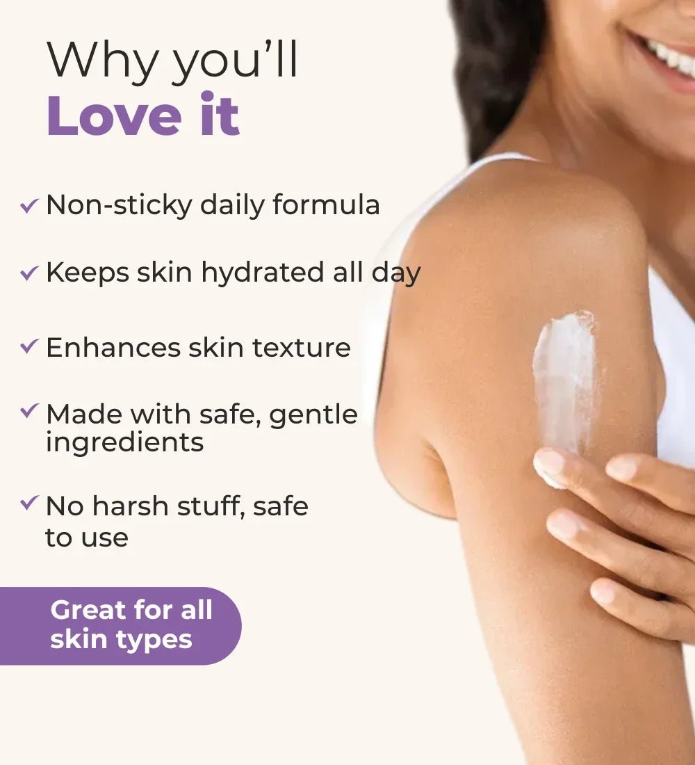 Woman applying Twilight Love body lotion on arm with benefits list for all skin types.